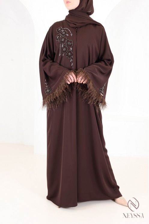 Luxuriöse Dubai-Kimono-Abaya mit Perlen und Federn Schokoladenbraun