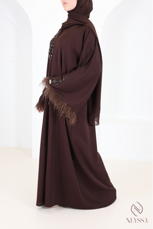 Abaya Dubaï kimono de luxe avec perles et plumes Chocolat