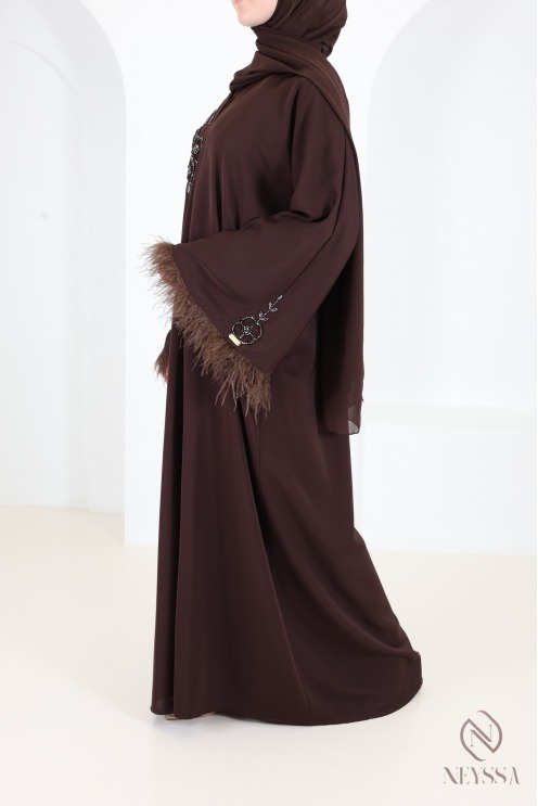 Luxury Dubai Kimono Abaya with Beads and Feathers - Chocolate