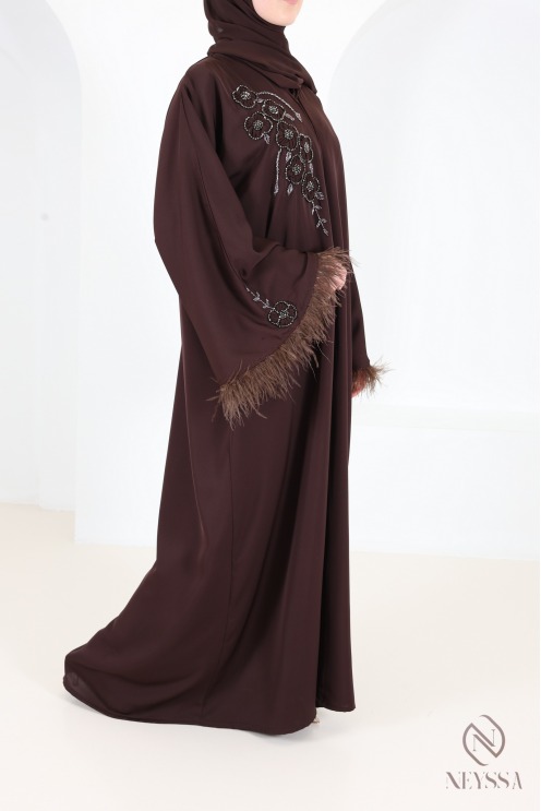 Luxury Dubai Kimono Abaya with Beads and Feathers - Chocolate