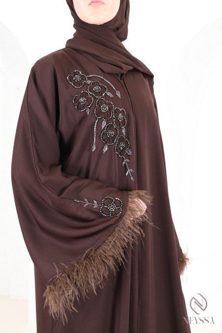 Abaya Dubaï kimono de luxe avec perles et plumes Chocolat