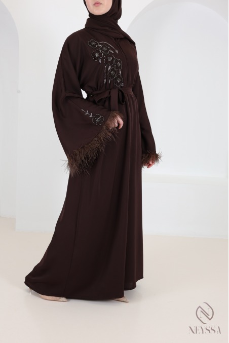 Abaya Dubaï kimono de luxe avec perles et plumes Chocolat