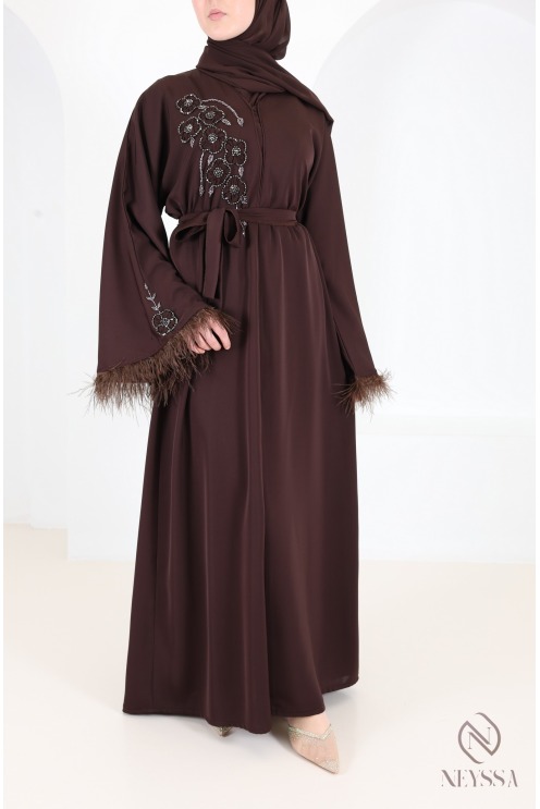 Luxury Dubai Kimono Abaya with Beads and Feathers - Chocolate