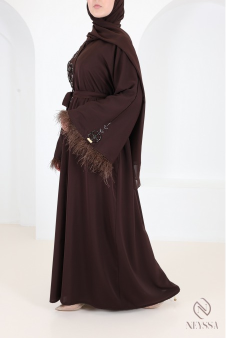 Luxury Dubai Kimono Abaya with Beads and Feathers - Chocolate