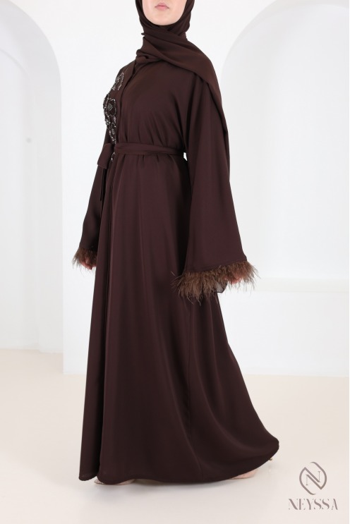 Luxury Dubai Kimono Abaya with Beads and Feathers - Chocolate