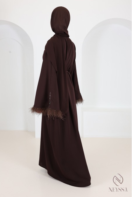 Luxuriöse Dubai-Kimono-Abaya mit Perlen und Federn Schokoladenbraun