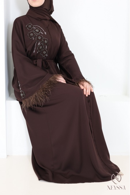 Luxuriöse Dubai-Kimono-Abaya mit Perlen und Federn Schokoladenbraun