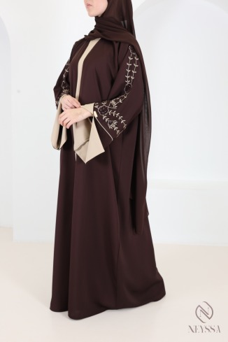 Abaya Dubai Kimono in Schokoladenbraun und Beige, mit Perlen