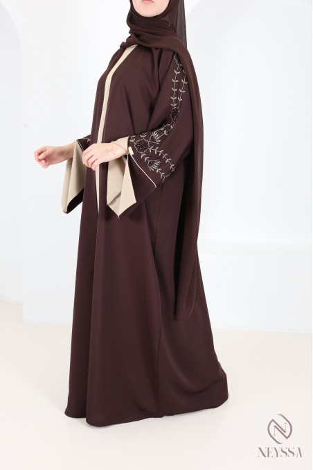 Abaya Dubai Kimono in Schokoladenbraun und Beige, mit Perlen