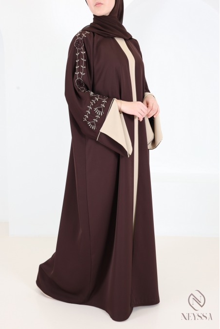 Abaya Dubaï kimono chocolat beige brodée de perles, tenue chic