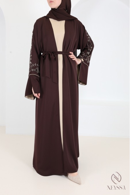 Abaya Dubai Kimono in Schokoladenbraun und Beige, mit Perlen