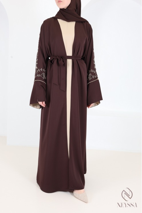 Abaya Dubai Kimono in Schokoladenbraun und Beige, mit Perlen