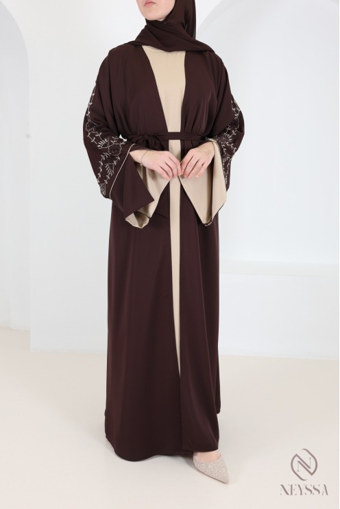Dubai Kimono Abaya in Beige Chocolate with Pearl Embroidery