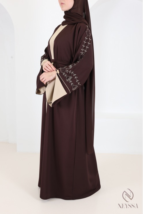 Abaya Dubai Kimono in Schokoladenbraun und Beige, mit Perlen