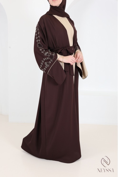 Abaya Dubai Kimono in Schokoladenbraun und Beige, mit Perlen