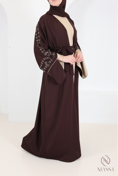 Dubai Kimono Abaya in Beige Chocolate with Pearl Embroidery