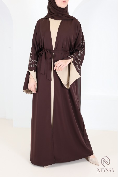Dubai Kimono Abaya in Beige Chocolate with Pearl Embroidery
