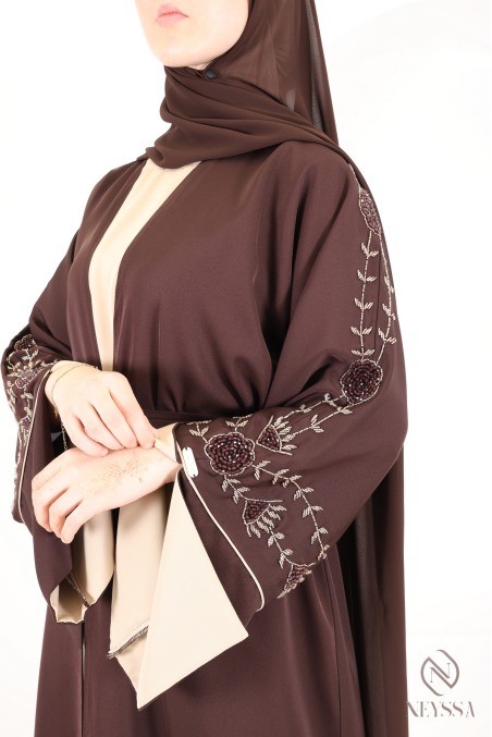 Abaya Dubai Kimono in Schokoladenbraun und Beige, mit Perlen