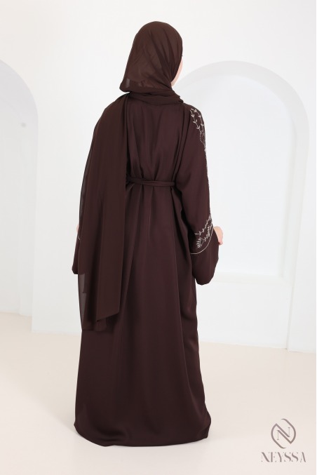 Dubai Kimono Abaya in Beige Chocolate with Pearl Embroidery