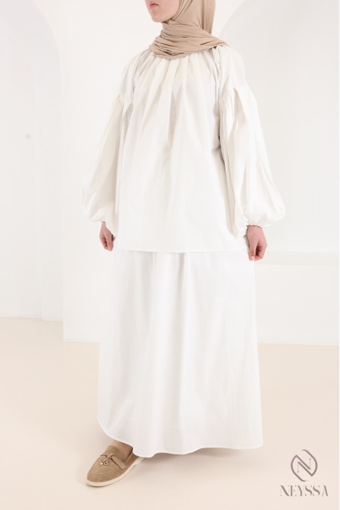 Ensemble 3 pièces blanc blouse + jupe longue en coton femme