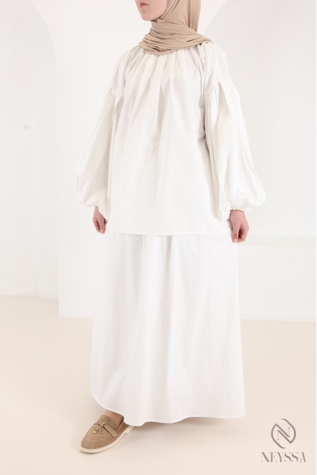 Ensemble 3 pièces blanc blouse + jupe longue en coton femme