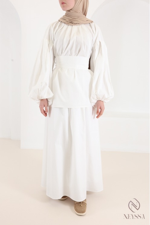 Women's White 3-Piece Set: Blouse + Long Skirt Cotton