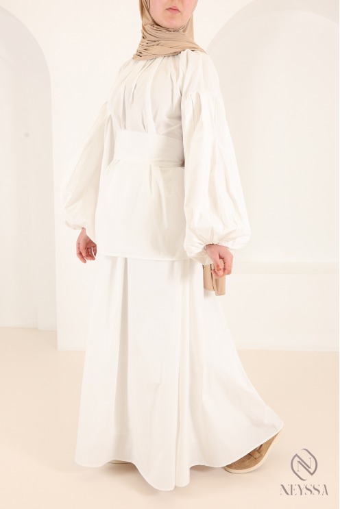 3-teiliges Set in Weiß: Bluse + langer Rock aus Baumwolle für Damen