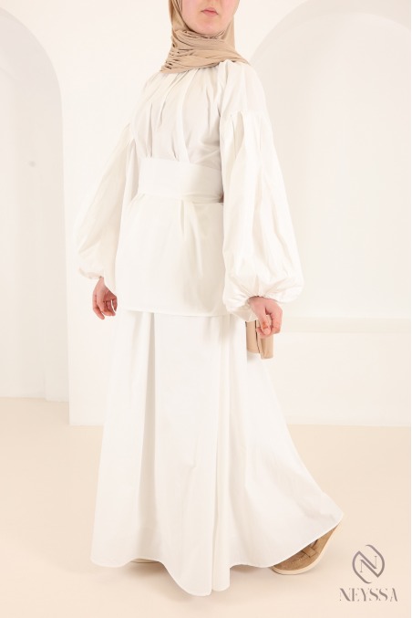 Women's White 3-Piece Set: Blouse + Long Skirt Cotton