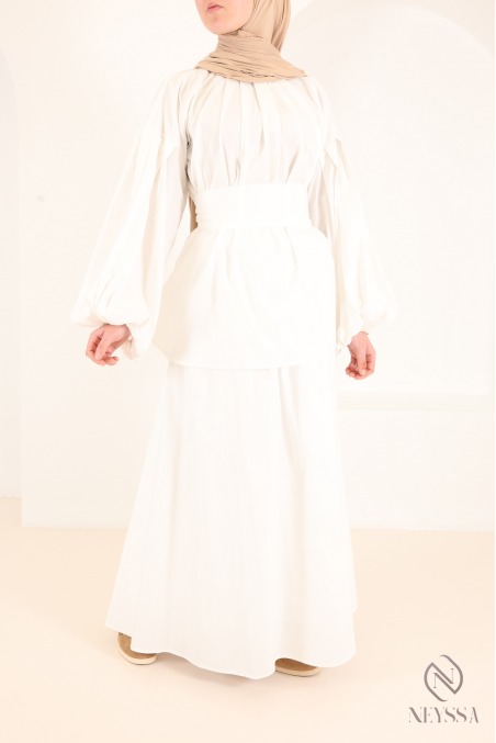 3-teiliges Set in Weiß: Bluse + langer Rock aus Baumwolle für Damen