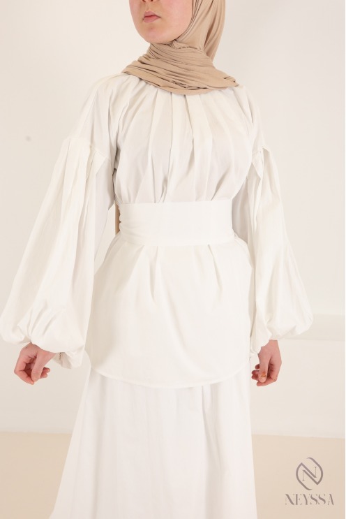 Ensemble 3 pièces blanc blouse + jupe longue en coton femme