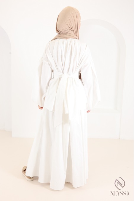 Ensemble 3 pièces blanc blouse + jupe longue en coton femme