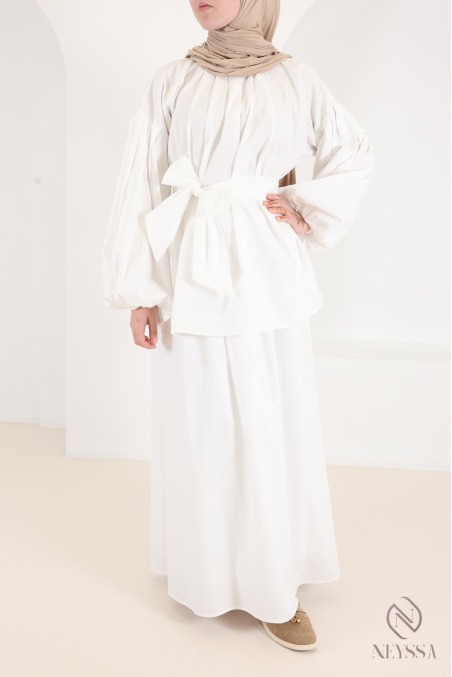 Women's White 3-Piece Set: Blouse + Long Skirt Cotton
