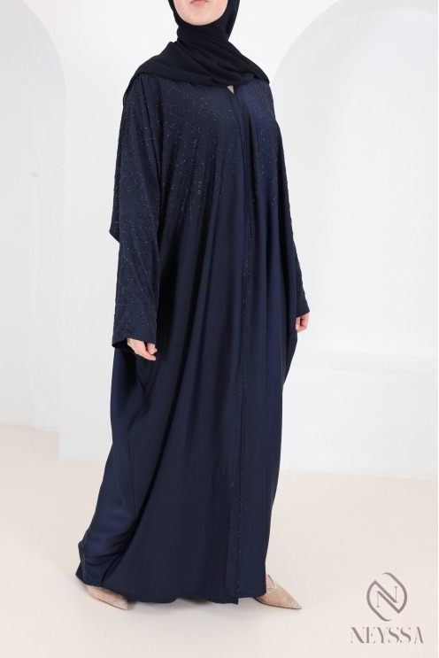 Abaya Dubai, nachtblauer Kimono mit Strasssteinen aus Seide von Nidah