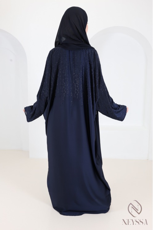 Abaya Dubaï kimono bleu nuit avec strass en soie de Nidah, tenue Aïd
