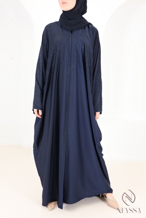Abaya Dubaï kimono bleu nuit avec strass en soie de Nidah, tenue Aïd