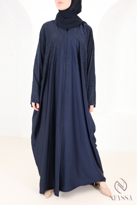 Abaya Dubai, nachtblauer Kimono mit Strasssteinen aus Seide von Nidah