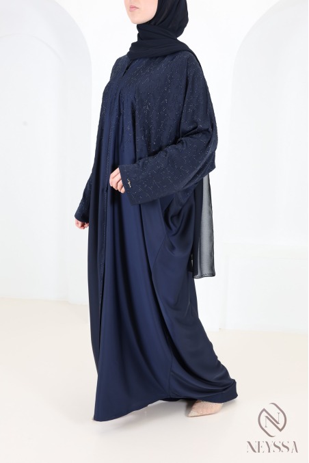 Nidah Silk Midnight Blue Kimono Abaya with Rhinestones, Eid Outfit