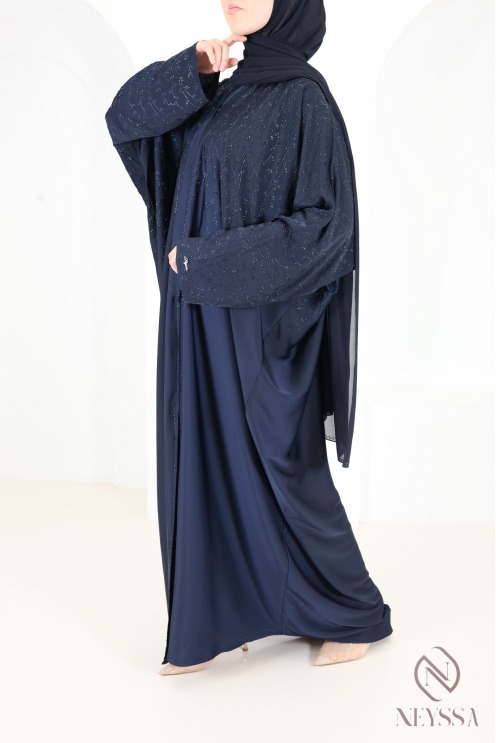 Abaya Dubai, nachtblauer Kimono mit Strasssteinen aus Seide von Nidah