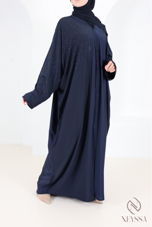 Abaya Dubai, nachtblauer Kimono mit Strasssteinen aus Seide von Nidah