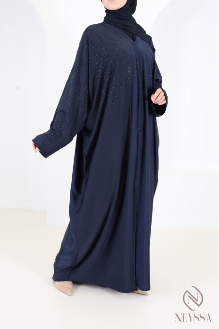Abaya Dubaï kimono bleu nuit avec strass en soie de Nidah, tenue Aïd