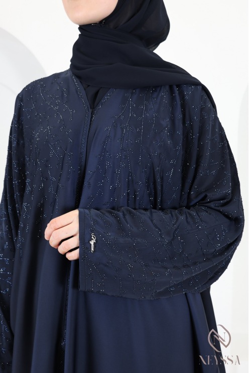 Abaya Dubai, nachtblauer Kimono mit Strasssteinen aus Seide von Nidah