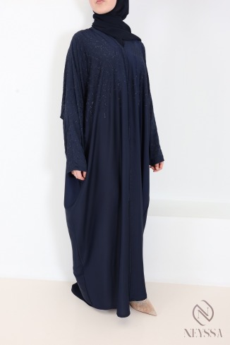 Abaya Dubaï kimono bleu nuit avec strass en soie de Nidah, tenue Aïd 2