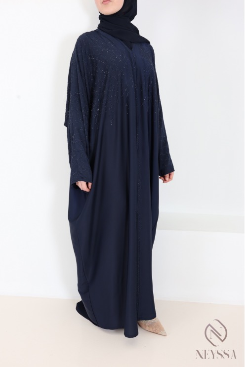 Abaya Dubai, nachtblauer Kimono mit Strasssteinen aus Seide von Nidah