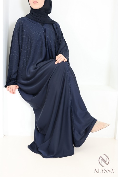 Abaya Dubaï kimono bleu nuit avec strass en soie de Nidah, tenue Aïd