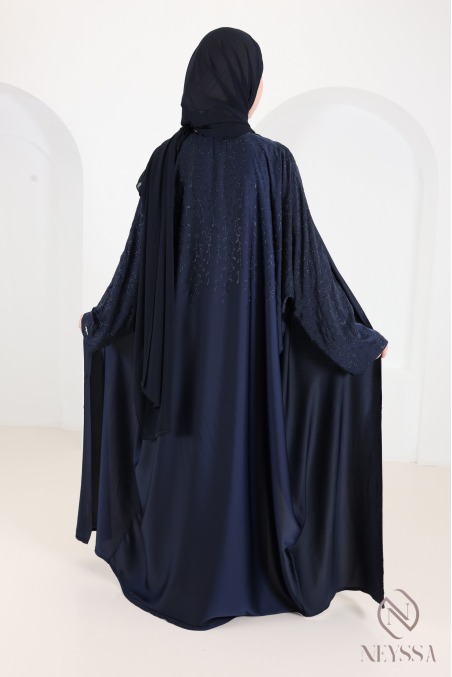 Nidah Silk Midnight Blue Kimono Abaya with Rhinestones, Eid Outfit