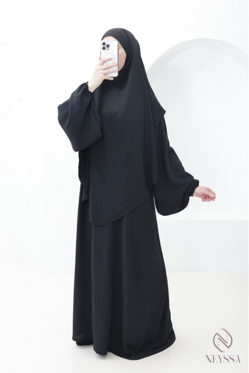Ensemble abaya khimar en jazz noir pour femme hijabi tenue légiférer