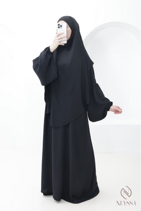 Ensemble abaya khimar en jazz noir pour femme hijabi tenue légiférer