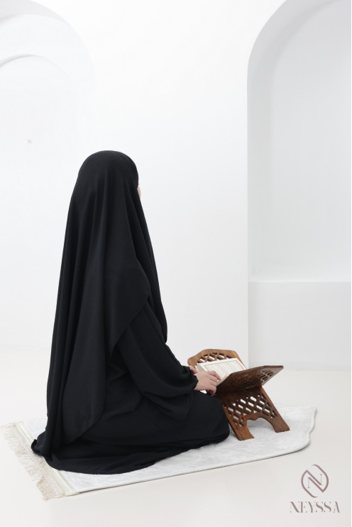 Black jazz abaya and khimar set for hijabi women