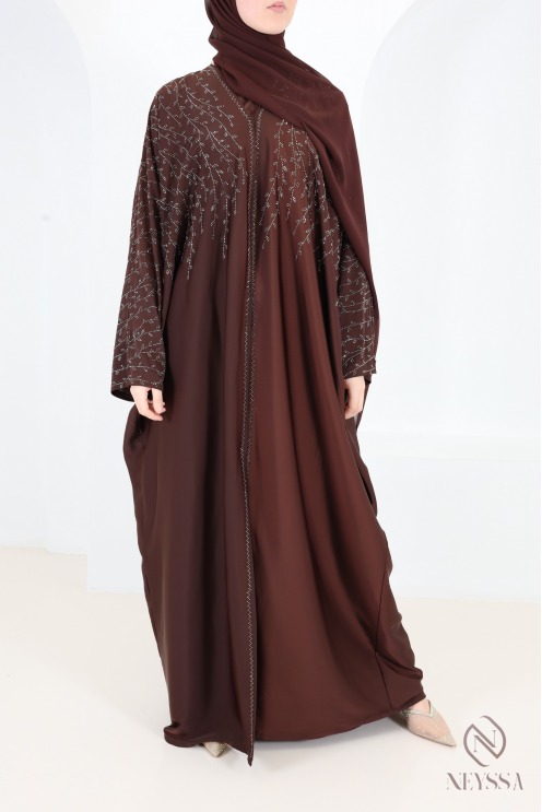 Chocolate-colored Dubai kimono-style abaya with rhinestones,butterfly