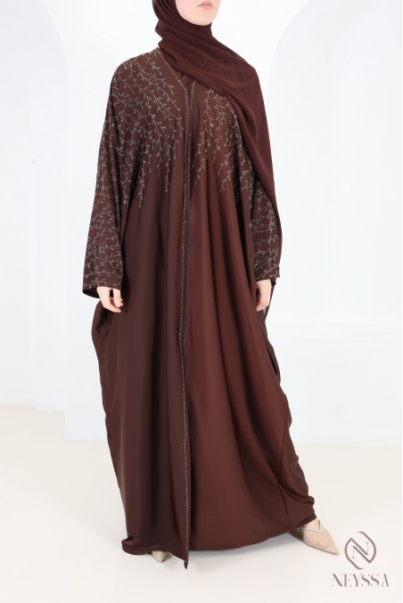 Chocolate-colored Dubai kimono-style abaya with rhinestones,butterfly